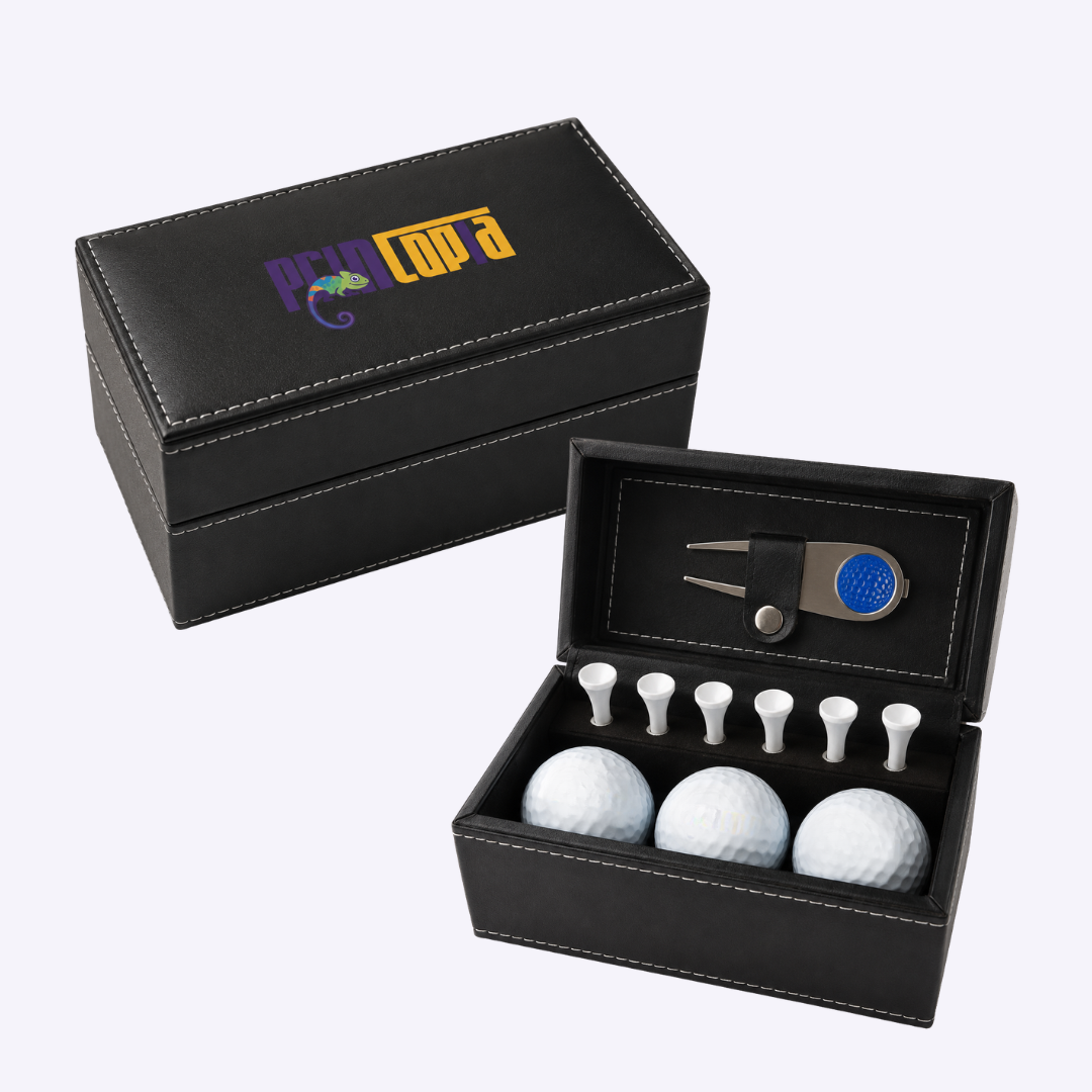 Custom Branded Golf Ball Gift Set Singapore | PU Box with Golf Ball, Tee and Divot Tool | Corporate Client Gift | Printopia