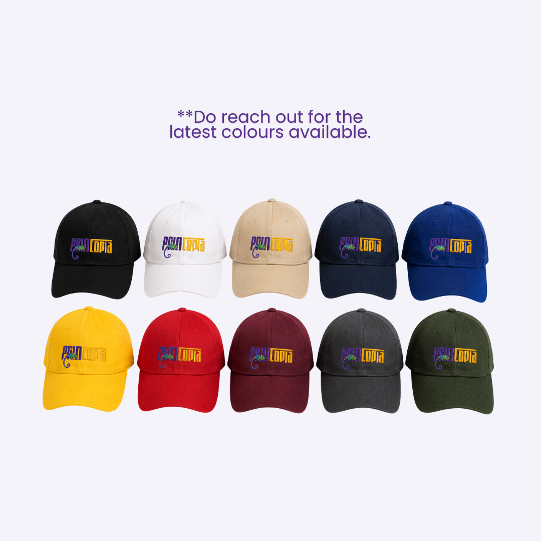 Custom Cotton Baseball Cap Singapore | 14 Colours | Embroidery Front, Sides and Back | Bulk Corporate and Event Cap | Printopia