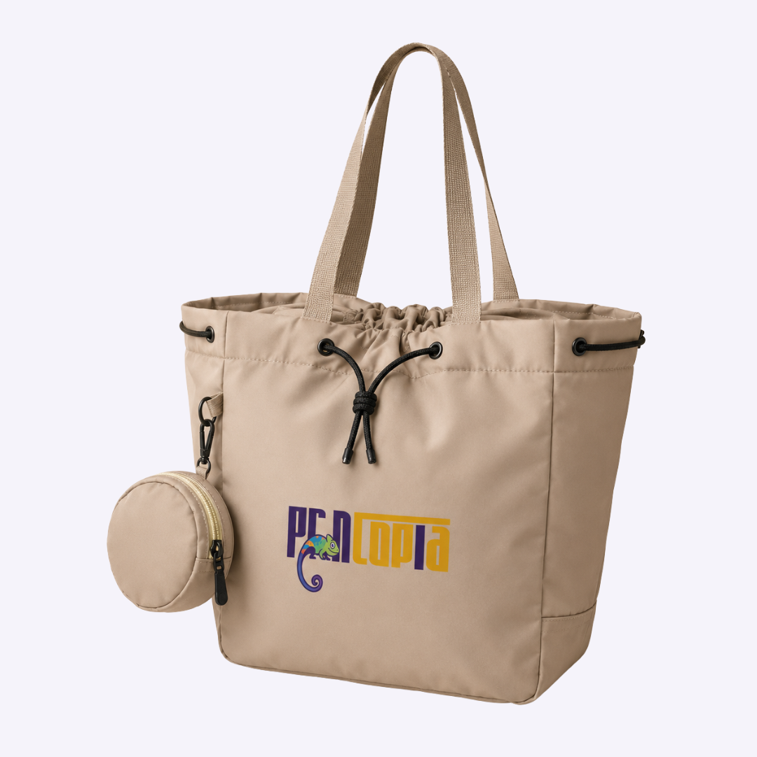 Custom Nylon Everyday Tote Bag with Matching Pouch Singapore | 36x33x15cm | Drawstring | Khaki, Beige, Black, Green | Bulk Corporate Gift | Printopia